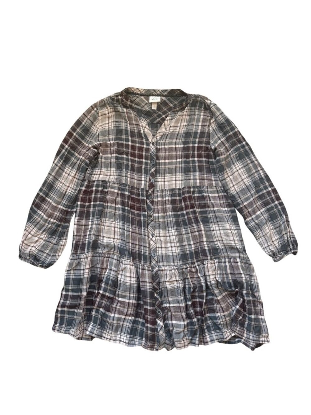 Knox Rose Plaid Button-Front Tunic Dress Tiered Hem Rayon Women’s Large